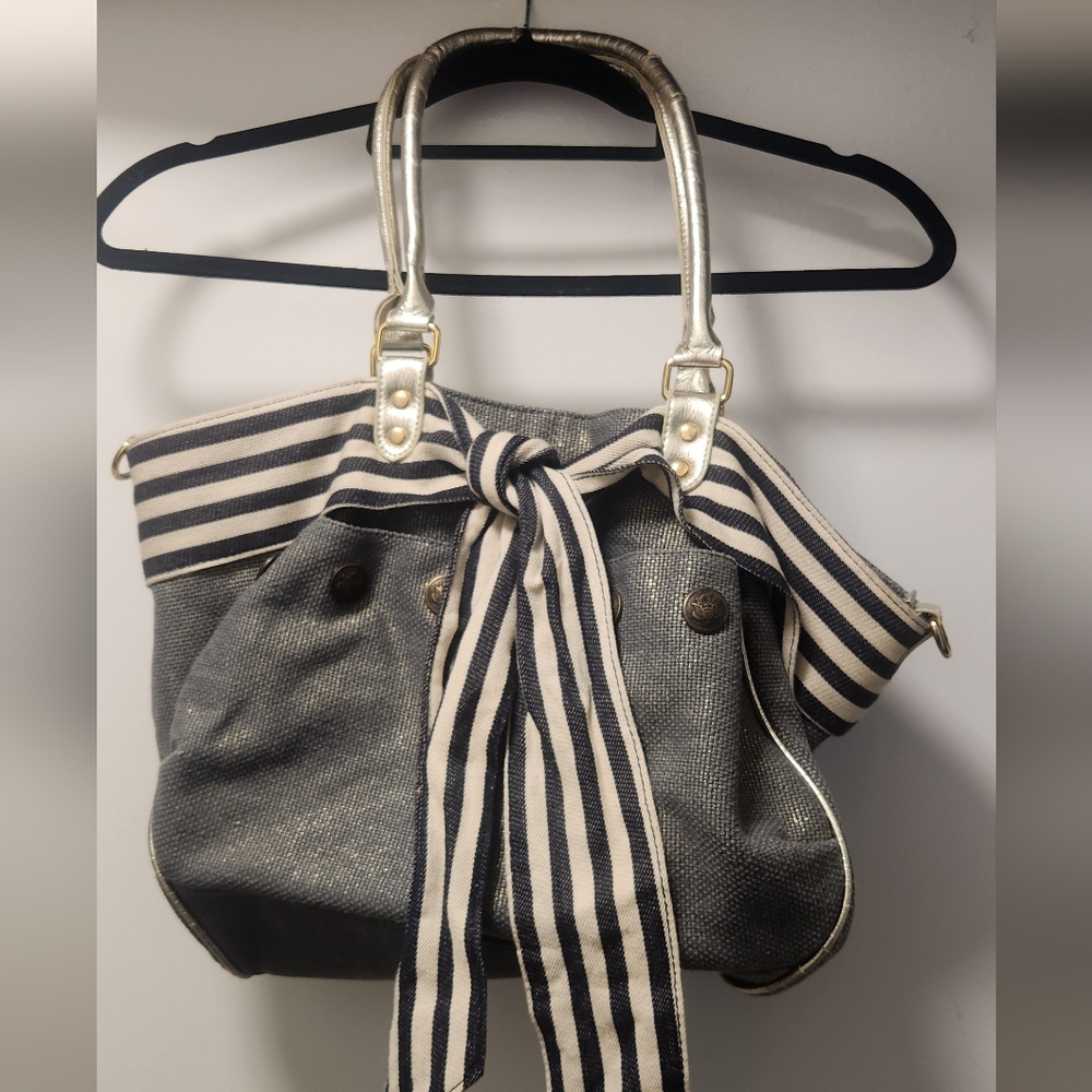 Stylish Jean Blue Striped Women's Bag With Hold Undertones And Accents